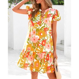 dowerme Womens Summer Dresses 2025 Puffy Sleeve V Neck Loose Floral Print A Line Boho Mini Babydoll Dress with Pockets(White Yellow Flower,Small)