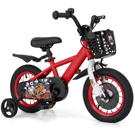 BABY JOY Sporty Kids Bike, 12 Inch Child Bike for 3-4 Years Old w/Adjustable Height, Training Wheels, Storage Basket, Handbrake Coaster Brake, Kids Bicycle for Girls Boys (Red)