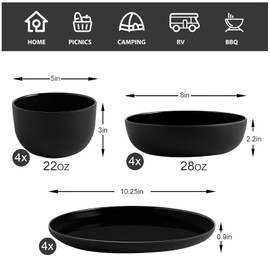 MissYIP Dinnerware Set, Service for 4, 12 Pcs Melamine Dinnerware Sets Dinner Plates, Pasta Bowls, Cereal Bowls, Dessert Plates Unbreakable Reusable Kitchen Dinnerware Set Outdoor Camping Dishes