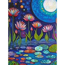 Lucky Puzzles 'Moonlit Water Lilies' | 500 Piece Jigsaw Puzzle for Adults | Stunning Artwork of Moonlit Waterlilies in a Serene Pond | Great for Relaxation and Display for Puzzle Enthusiasts