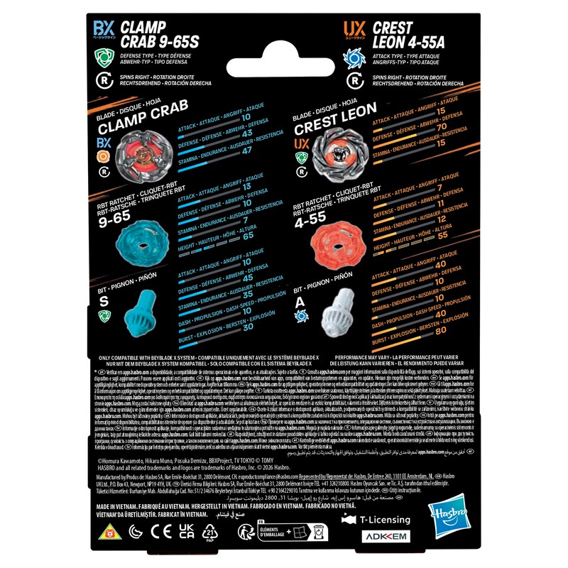 Beyblade X, Clamp Crab 9-65S BX e Crest Leon 4-55A