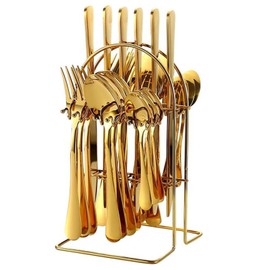 24 Piece Hanging Flatware Set, Stainless Steel Utensils Set with Stand,Eating Tableware Set Include Fork Knife Spoon Set,Cutlery Set Service for 6,Dishwasher Safe (Gold)