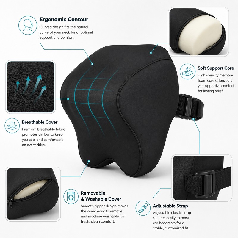 Car Neck Pillow for Driving – Memory Foam Headrest Support