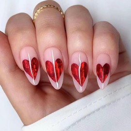 Valentine's Day Press on Nails Medium Length Red Glitter Love Heart False Nails with Design Almond Fake Nails Artificial Acrylic Nails Full Cover Glossy Coffin Nails Glue on Nails for Women 24Pcs