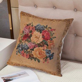 Jacquard Woven Floral Pillow Cover | Square Tapestry Vintage Rose Cushion Case for Sofa Couch Bed Decor | European Farmhouse Home Accent Throw Pillow Sham 18x18 Inch (Assorted Flowers on Tan)