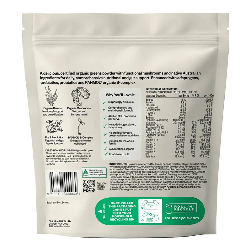 Ora Organic Greens Superpowder+, 7 x 8g Sachets