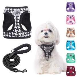 BEAUTYZOO Small Dog Harness and Leash Set,Step in No Choke No Pull Soft Mesh Dog Harnesses Reflective for Extra-Small Medium Puppy Dogs and Cats, Plaid Dog Vest Harness for XS S Pets, Black S