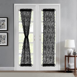 LINENZONE Pair of Premium Lace French Door Curtains or Sidelight Door Curtains with 2 Tiebacks. Short Width Semi Sheer Glass Door Curtains Feature Rustic English Rose Design. (Luna 30 x 72, Black)