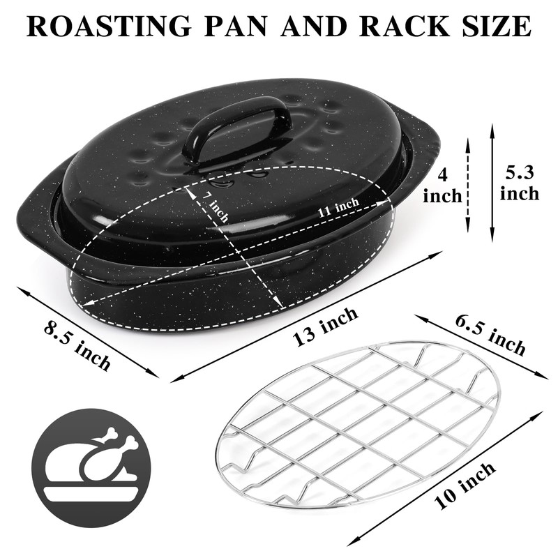 13 Inch Roasting Pan with Lid and Rack, Enamel Carbon