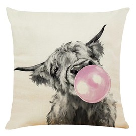 RYKEEN Highland Cow Throw Pillow Cover，18 X 18 Inch Highland Blowing Bubble Gum Cow Decorative Linen Cushion Cover Home Decoration for Couch Sofa Bed（Cow
