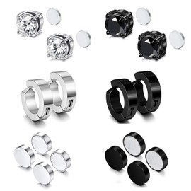 RIOSO Magnetic Stud Earrings for Men Women Stainless Steel Hoop Cross Non Piercing Fake Gauges Earring Black CZ Hypoallergenic Magnet Earring Set, Cubic Zirconia