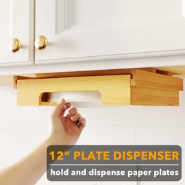 SpaceAid 12-inch Paper Plate Dispenser, Under Cabinet Bamboo Plates Holder, Kitchen Counter Vertical Plate Dipensers Holders Countertop Caddy (for 12 inches Plates, Bamboo)