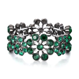 Flyonce Wedding Bridal Bracelet for Brides, Green Rhinestone Crystal Flower Cluster Elastic Stretch for Women
