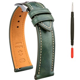 Gomvadr Quick Release Leather Watch Band, Two Tone Oil-tanned Leather Watch Straps 18mm 19mm 20mm 21mm 22mm Replacement Watch Belt for Men Women, Green with Silver Buckle, 22mm