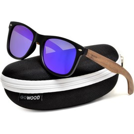Proudly Canadian: Sunglasses Mens & Women | Walnut Wood Temples & Black Acetate Frame | Polarized UV400 Blue Lenses | Women & Mens Sunglasses | Zipper Case