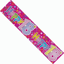 Happy 18th Birthday Party Banner Age 18 Pink Birthday Decoration Garland Feminine Curls Women's Ladie's Girly Party Banner Recyclable Eco Friendly Holographic Shiny Sparkly Party Banner