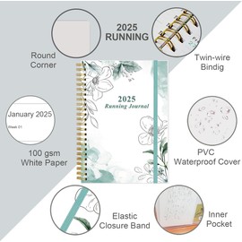 2025 Running Journal, Runner's Day-by-Day Log 2025, 12 Months Running Log for Tracking Your Daily Runs, Races, Goals and Achievements, Teal Flowers