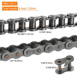 uxcell #60/12A-1 Roller Chain 5 Feet 3/4" Pitch Carbon Steel Roller Chains with Free Master Connector Link for Excavators, Tractors, 78 Links