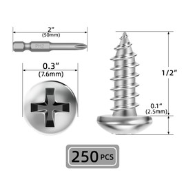#8 x 1/2" (250 PCS) Pan Head Sheet Metal Screws, Round Head Self Tapping Screw, Phillips Drive Wood Screw, Stainless Steel 304, Bright Finish