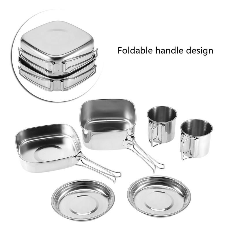 6Pcs Portable Stainless Steel Cookware Set Camping Picnic Outdoor Pan