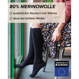vitsocks Damen Kniestrümpfe 80% MERINO Wolle warme lange Socken weich atmungsaktiv Winter, schwarz, 35-38