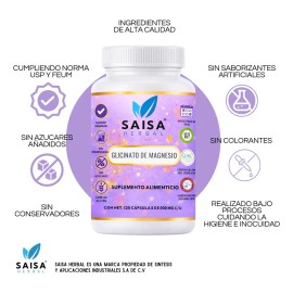 Glicinato De Magnesio | 100 Cápsulas | Magnesio Alta Absorción | Saisa Herbal | Suplemento Alimenticio