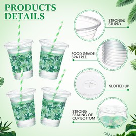 Chuangdi 50 Pack Hawaiian Luau Party Decorations Cups with Straws Tropical Plastic glass Hawaiian Clear Cups Disposable Palm Leaves Drinking container for Summer Birthday Luau Tiki Party Supplies