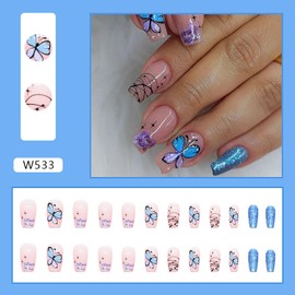 Vezocim Press on Nails Coffin with Blue Butterfly Designs, 24Pcs Artificial Medium Nude Fake Nails with Glue, Full Cover Glossy Acrylic Butterflies False Nails, Stick on Fingernails for Women (W533)