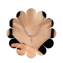 Allereyae Vintage Layered Crystal Starburst Necklace Rhinestone Star Pendant Necklace Silver Cz Star Choker Necklace Punk Splice Chain Necklace Jewelry for Women