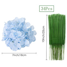HinyoCo 34 Pcs Silk Hydrangea Flowers Artificial Flowers 7 Inch Hydrangea Head with Stem, Used for Home Wedding Party Decoration (Light Blue)