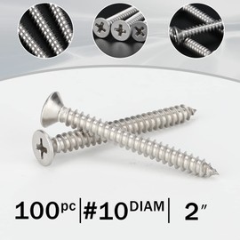 100 PCS #10X2 Stainless Steel Phillips Flat Head Wood Screws,Stainless Steel 18-8 A2(304) Screw,Home Screw Kit by QISHENG