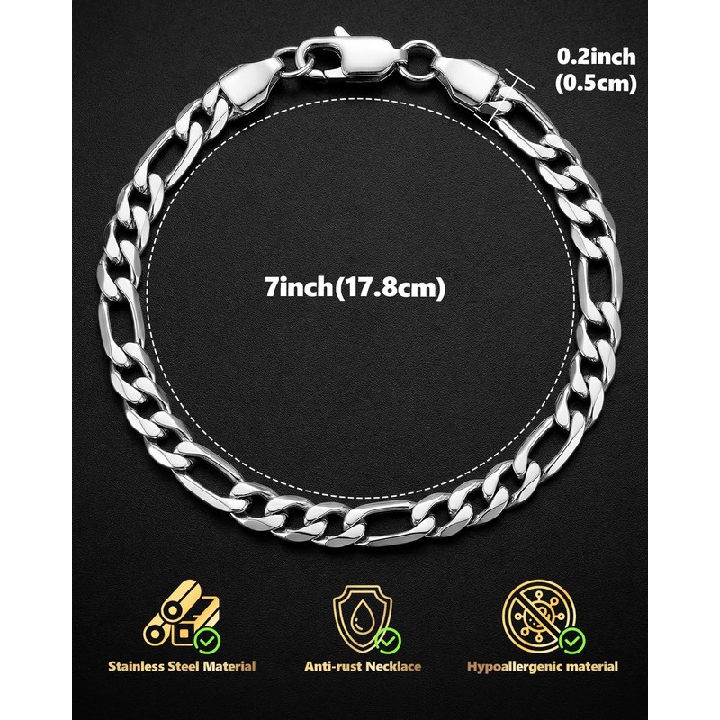 LuxGoth Stainless Steel 5 mm Figaro Link Chain Bracelet (7