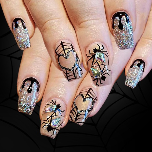 Spider Press on Nails Medium Square Fake Nails Glitter False