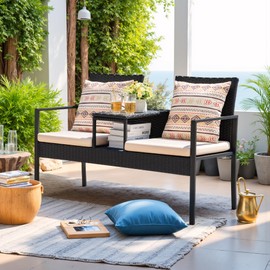 Devoko Patio Conversation Sets Outdoor Loveseat with Built-in Table & Cushions Wicker Patio Furniture Porch Chairs Bench for Lawn, Backyard, Balcony (Beige)