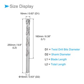 CoCud Twist Drill Bits, 16mm Cutting Diameter 0.63" Shank 250mm Length, High-Speed Steel Extra Long Jobber Bit Set (Applications: for Metal Wood Plastic), 1-Pieces