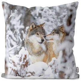 VOID Wolf Winter Wildtier Schnee Kissenbezug Kissenhülle Polyester Weihnachten Deko Winter Outdoor Dekoration, Kissen Größe:50 x 50 cm
