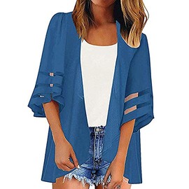 OUKIN Women Chiffon Kimono Cardigan Swim Beach Cover Up Boho Floral Print Bikini Cover-ups Blouse for Swimwear Beachwear (Deep Blue)