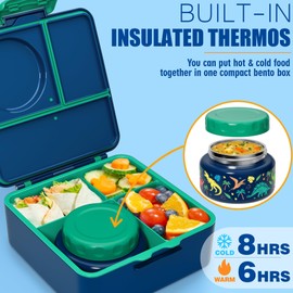Fimibuke Bento Lunch Box for Kids Adult, 3-4 Compartment 60OZ Toddler Lunch Box Container with Leakproof 8OZ Insulated Food Jar, Sauce Jar, Utensil for School Boys Girls, BPA-Free Dishwasher Safe