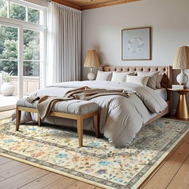 Living Room Rug,Beige 5x7 Rug Machine Washable Area Rug Non Slip Floral Vintage Low Pile Large Rugs for Living Room, Bedroom, Dining Room, Kids Playroom,Kitchen Indoor Carpet Home Decor