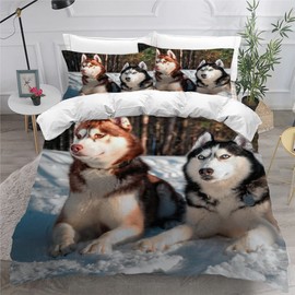 Bed Linen 135 x 200 cm 3D Digital Print 2-Piece Husky Dog Bedding Sets Children Microfibre with Zip Animals Pattern Soft Boys Girls Bedding Duvet Cover with Pillowcase 80 x 80 cm