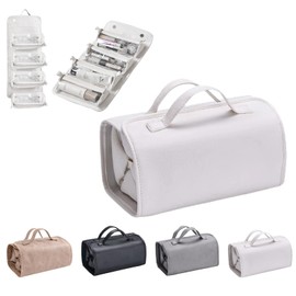Flat Lay Travel Makeup Bag Leather Clear with Compartments, Toiletry Bags for Women, 4 in 1 Waterproof Bags Detachable Foldable Hanging, Portable Storage Organise Roll Up Makeup Organiser Bags (White)