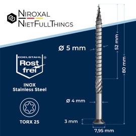 Stainless Steel Terrace Screw Torx Cutting Notch Lens Head and a Thread Made of V4A 5-mm Thick 80-mm Screw Length 100 Pieces 52-mm Partial Thread Wood Screw Terrace Screw 5x80