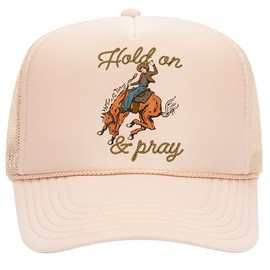 Hold On & Pray Trucker Hat | Christian Jesus God Blessed Faith Cowboy | Premium Snapback Hat for Men & Women (US, Alpha, One Size, Tan)