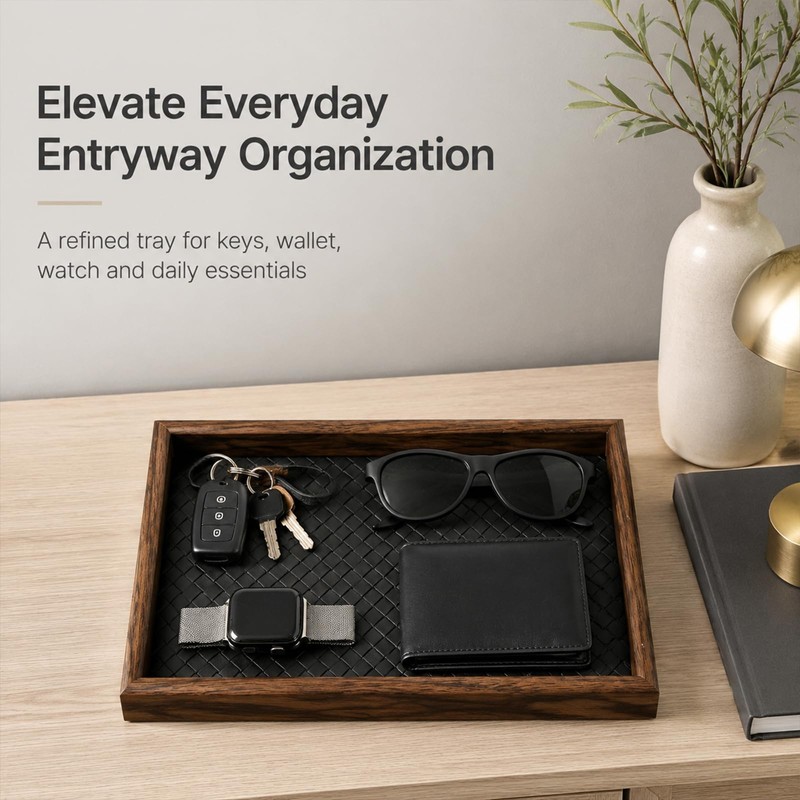 Wooden Valet Tray, 12X8 Inch Desk Organizer with Leather Base,