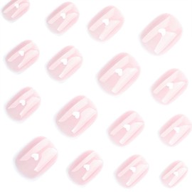 24Pcs Valentine Press on Nails Square Short Fake Nails Nude Glue on Nails with White Small Heart Designs False Nails Cute Hearts Stick on Nails Valentines Acrylic Nails Kits for Women and Girls