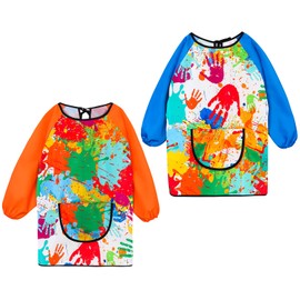 GSrenyu 2 Pcs Kids Painting Apron, Waterproof Child Art Smock with Pocket, Long Sleeve Children's Art Apron for Painting,Cooking,Eating,Arts Children Ages 3-8