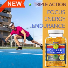 Pickleball Gummies | Triple Action Endurance Focus Energy | With 5 Electrolytes and Vitamin B | Vegan and Keto Non-GMO | Game-Time readiness and endurance | Lemon Sugar Free gummies | 60 ct