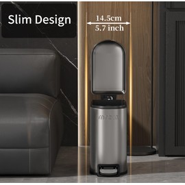 MRBIN Stainless Steel Slim Bathroom Trash Can with Lid, 6L / 1.6Gal Step Narrow Waste Basket Covered Odorless Dustbin with Inner Bucket for Bedroom, Kitchen, Vanity, Office, Eclipse-Grey