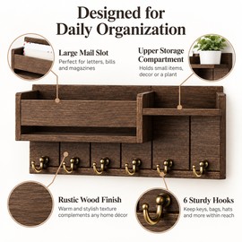 Rustic Wood Key Holder for Entryway – Wall Mounted Mail Organizer with 6 Hooks and Storage Shelf for a Clutter-Free Home