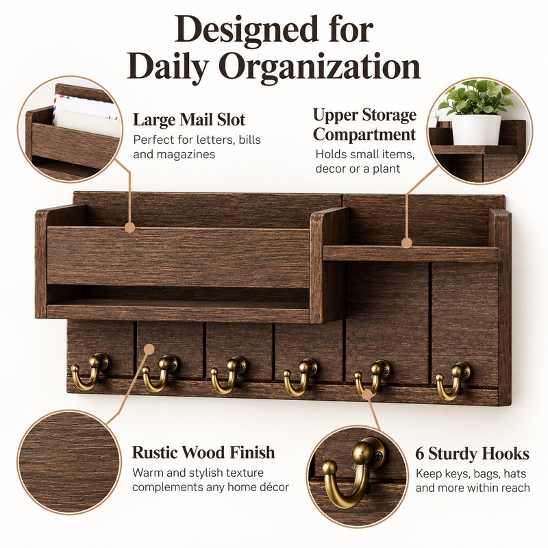 Rustic Wood Key Holder for Entryway – Wall Mounted Mail